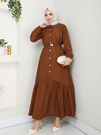 Kadın Beli Kemerli Düğme Detaylı Çilek Kumaş Kahverengi Elbise
