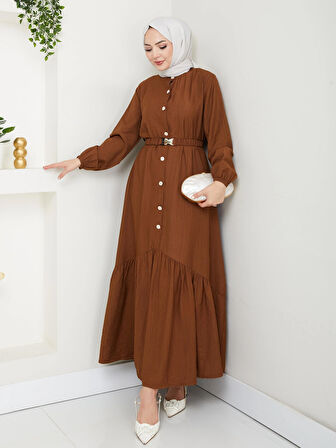Kadın Beli Kemerli Düğme Detaylı Çilek Kumaş Kahverengi Elbise