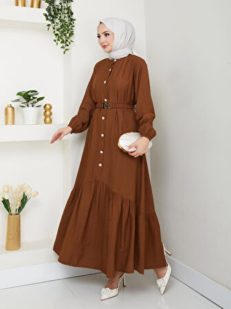 Kadın Beli Kemerli Düğme Detaylı Çilek Kumaş Kahverengi Elbise