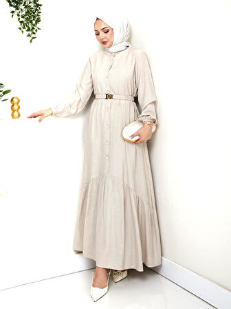 Kadın Beli Kemerli Düğme Detaylı Çilek Kumaş Vizyon Elbise