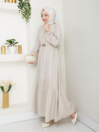 Kadın Beli Kemerli Düğme Detaylı Çilek Kumaş Vizyon Elbise