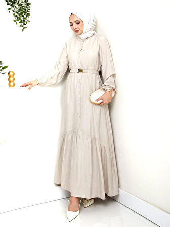 Kadın Beli Kemerli Düğme Detaylı Çilek Kumaş Vizyon Elbise