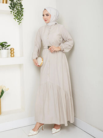 Kadın Beli Kemerli Düğme Detaylı Çilek Kumaş Vizyon Elbise