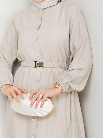 Kadın Beli Kemerli Düğme Detaylı Çilek Kumaş Vizyon Elbise