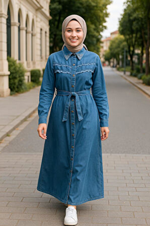 Kadın İnci Detaylı Kuşaklı Kot Mavi Elbise