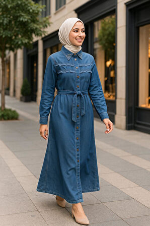Kadın İnci Detaylı Kuşaklı Kot Mavi Elbise