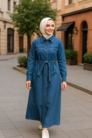 Kadın İnci Detaylı Kuşaklı Kot Mavi Elbise