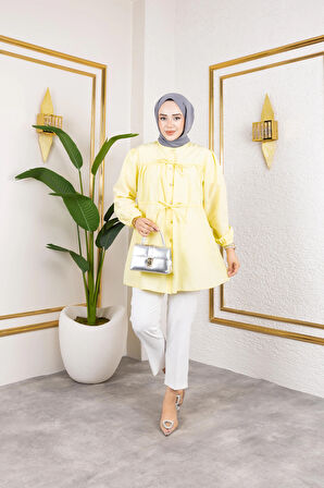 Kadın Düğmeli Bağlamalı Sarı Gömlek