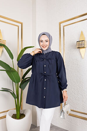 Kadın Düğmeli Bağlamalı Lacivert Gömlek