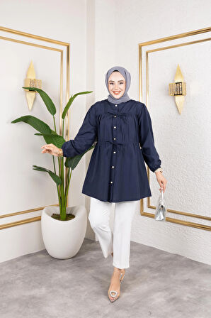 Kadın Düğmeli Bağlamalı Lacivert Gömlek