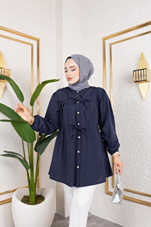 Kadın Düğmeli Bağlamalı Lacivert Gömlek