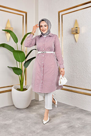 Kemerli Çizgili Keten Gömlek