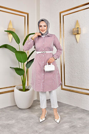 Kemerli Çizgili Keten Gömlek