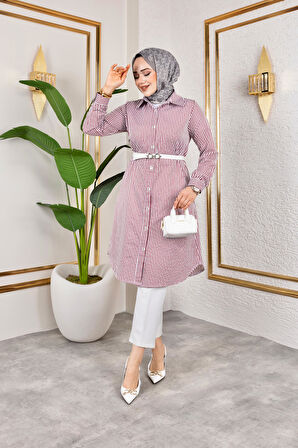 Kemerli Çizgili Keten Gömlek