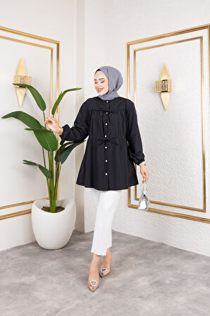 Kadın Düğmeli Bağlamalı Siyah Gömlek