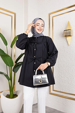 Kadın Düğmeli Bağlamalı Siyah Gömlek