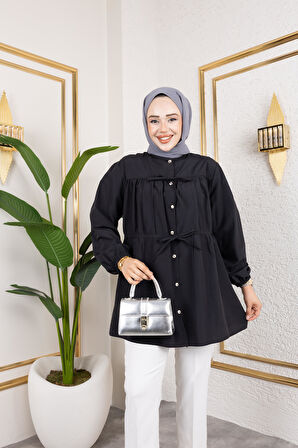Kadın Düğmeli Bağlamalı Siyah Gömlek