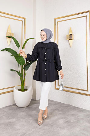 Kadın Düğmeli Bağlamalı Siyah Gömlek