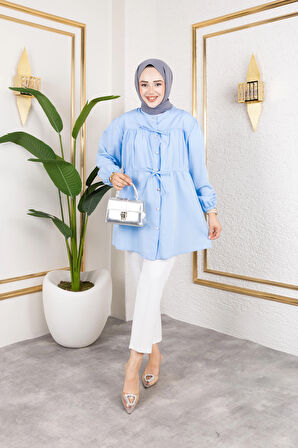 Kadın Düğmeli Bağlamalı Mavi Gömlek