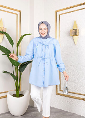Kadın Düğmeli Bağlamalı Mavi Gömlek