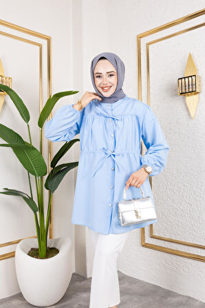 Kadın Düğmeli Bağlamalı Mavi Gömlek