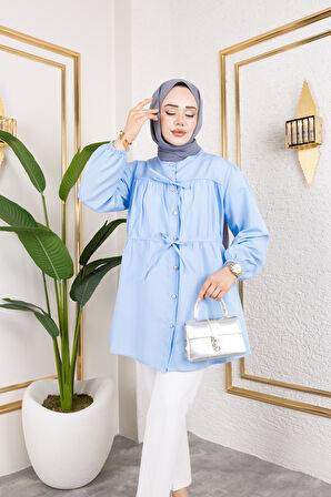 Kadın Düğmeli Bağlamalı Mavi Gömlek