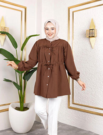 Kadın Düğmeli Bağlamalı Kahverengi Gömlek