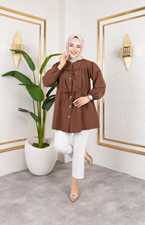 Kadın Düğmeli Bağlamalı Kahverengi Gömlek