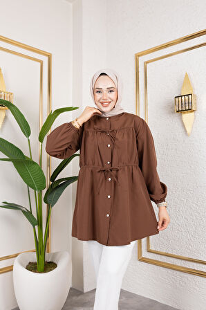 Kadın Düğmeli Bağlamalı Kahverengi Gömlek
