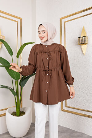 Kadın Düğmeli Bağlamalı Kahverengi Gömlek