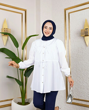 Kadın Düğmeli Bağlamalı Beyaz Gömlek