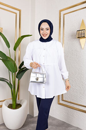 Kadın Düğmeli Bağlamalı Beyaz Gömlek