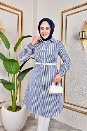 Kemerli Çizgili Keten Gömlek