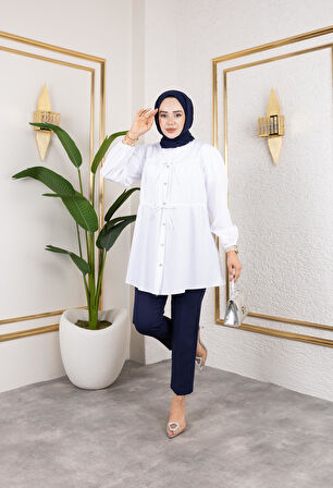 Kadın Düğmeli Bağlamalı Beyaz Gömlek