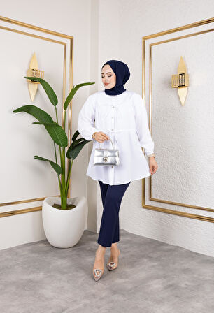 Kadın Düğmeli Bağlamalı Beyaz Gömlek