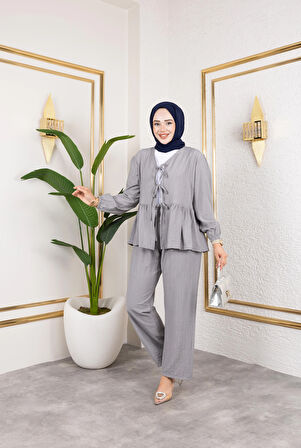 Kadın Bağlamalı Çilek Kumaş Gri İkili Takım