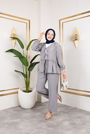 Kadın Bağlamalı Çilek Kumaş Gri İkili Takım