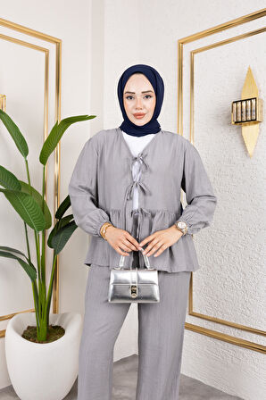 Kadın Bağlamalı Çilek Kumaş Gri İkili Takım