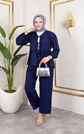 Kadın Bağlamalı Çilek Kumaş Lacivert İkili Takım