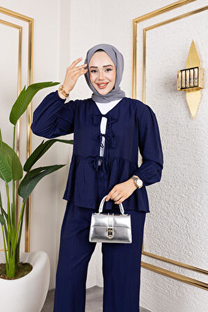 Kadın Bağlamalı Çilek Kumaş Lacivert İkili Takım