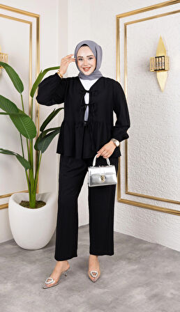 Kadın Bağlamalı Çilek Kumaş Siyah İkili Takım