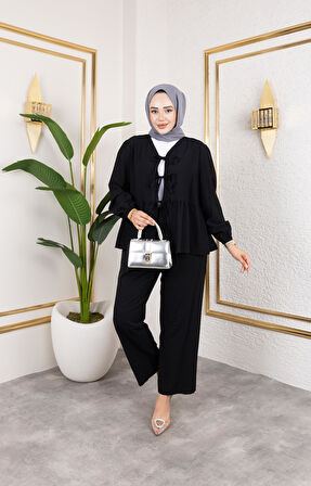 Kadın Bağlamalı Çilek Kumaş Siyah İkili Takım