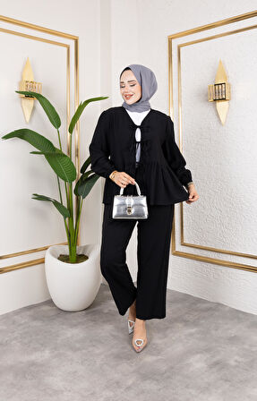 Kadın Bağlamalı Çilek Kumaş Siyah İkili Takım