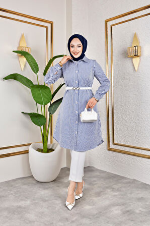 Kemerli Çizgili Keten Gömlek