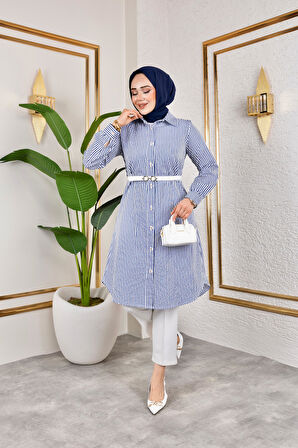 Kemerli Çizgili Keten Gömlek