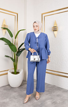 Kadın Bağlamalı Çilek Kumaş Mavi İkili Takım