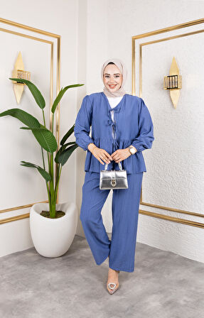 Kadın Bağlamalı Çilek Kumaş Mavi İkili Takım