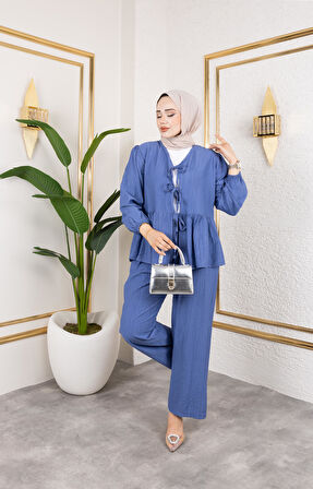 Kadın Bağlamalı Çilek Kumaş Mavi İkili Takım