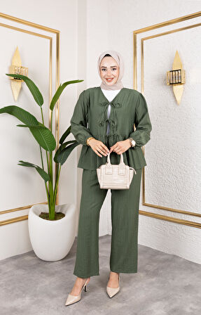 Kadın Bağlamalı Çilek Kumaş Haki İkili Takım