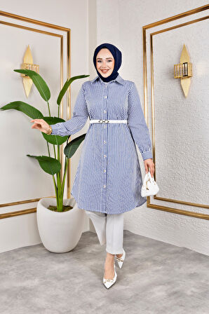 Kemerli Çizgili Keten Gömlek